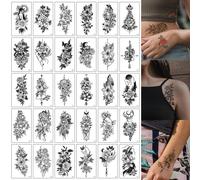 30 pièces Petit motif floral noir imperméable Tatouage temporaire pour femmes et filles, style croquis PlantesPapetier