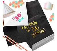 30 Pièces Serviette Papier Anniversaire 30 Ans, 3 Plis Serviettes en Papier Cocktail "Cheers to 30 Years", Serviette de Table Papier Décoration de Fête Homme Femme Noir et Or