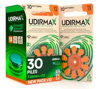 30 Piles Auditives Taille 13 PR48 Orange Udirmax Zinc-Air Eco Pack - 3 Blisters Écologiques de 10 Piles