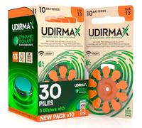 30 Piles Auditives Taille 13 PR48 Udirmax Orange Eco Pack Zinc-Air - 3 Blisters Écologiques de 10 Piles
