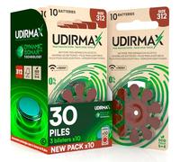 30 Piles Auditives Taille 312 Udirmax PR41 Marron Zinc-Air Eco Pack - 3 Blisters Écologiques de 10 Piles