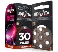 30 Piles Auditives Udivita Taille 312 Type Zinc-Air - 5 Blisters de 6 Piles