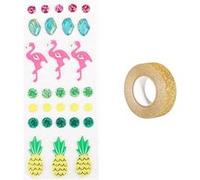 30 stickers 3D flamants rose et ananas + masking tape doré à paillettes 5 m Multicolore G