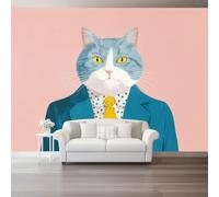 300 x 210 cm Illustration Moderne Intissé Papier Peint Panoramique | Symétrique Portrait Animal Chat Costume Impression Intissé Murale Papier Peint, Rose pour Salon Fond de TV
