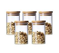 300ml Bocaux Conservation Verre, Lot de 5 Pot de Bocal en Verre avec Couvercle en Bambou et Rondelle en Silicone pour Épices, Haricots, Bonbons