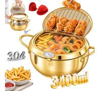 304 Stainless Steel Deep Fryer Pot, Tempura Pan with Thermometer (9.4n/3.4L,Gold)