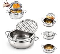 304 Stainless Steel Stovetop Deep Fryer Pot with Thermometer (9.4in/3.2L) | Japanese Tempura Fryer Pot with Oil Drip Rack Lid, Beak-Style Pour Spout for Gas & Induction Stoves