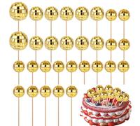 30pcs Décoration de Cupcakes Boule Disco, Pic Boule Disco Disco Gâteau Décorations avec Bâtons pour Décorations de Gâteaux Décoration de Cupcakes Fête Disco (Doré)