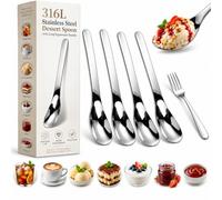316L Stainless Steel Dessert Spoon with Long Ergonomic Handles，silver,4pc | Stainless Steel Deep Bowl Ice Cream & Dessert Spoon with Fork,No-Bend Long-Handle Stirring Spoon,for Yogurt Desserts & Cake
