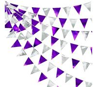 32Ft Violet et Argent Fanion Guirlande Bannière Décoration de fête Brillant Tissu Drapeau guinguette exterieu Banderole pour Anniversaire Bapteme Fiançailles Mariage EVJF Disco Hiver Noël Soiree Deco