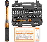 33 Pièces ynamométrique 1/4", 3-25Nm Cle Dynamométrique Velo, Précision ±3%, Kit D'entretien avec Douilles Hex, Barre D'extension, Bits Adaptateur, pour Moto y vélo Route et de Montagne