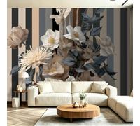 350 x 256 cm Botanique Moderne Intissé Papier Peint Panoramique | 3D Illustratif Rayé Branches Feuillage Floral Impression Intissé Murale Papier Peint, Kaki pour Salon Fond de TV