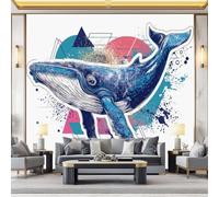 350 x 256 cm Papier Peint Panoramique, Naturel Animal 3d Intissé Mural | Bleu Photo Papier Peint Tapisserie, Baleine Aquarelle Encre Géométrique Ligne Décoration murale pour Chambre Salon Salle