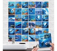 36 Pcs Sticker Carrelage Autocollant - Avec requin, dauphins, tortue de mer,Décorative - Étanche à Carreaux de Autocollants Carrelage Mural Céramique Salle de Bains et Cuisine Stickers 15cm(6")