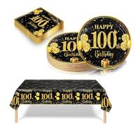 37 Pièce Vaisselle Jetable Anniversaire 100 Ans Deco Table Anniversaire Noir Or,100 Ans Assiette en Carton Jetable Plastique Nappe Serviette pour Homme Fille Femme Decoration d’Anniversaire(16 invité)