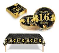 37 Pièce Vaisselle Jetable Anniversaire 16 Ans Deco Table Anniversaire Noir et Or,16 Ans Assiette en Carton Jetable Plastique Nappe Serviette pour Garçon Fille Decoration d’Anniversaire (16 Un invité)