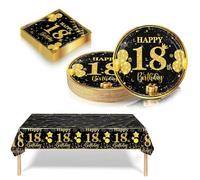 37 Pièce Vaisselle Jetable Anniversaire 18 Ans Deco Table Anniversaire Noir et Or,18 Ans Assiette en Carton Jetable Plastique Nappe Serviette pour Garçon Fille Decoration d’Anniversaire (16 Un invité)