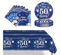 37 Pièces Assiette Vaisselle Jetable Anniversaire Kit,Bleu Argent Decoration Anniversaire Vaisselle 50 Ans Garçon Fille,Nappe Papier Assiette Serviette pour Decoration Anniversaire 50 Ans Cadeau