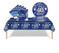 37 Pièces Vaisselle Jetable Anniversaire 40 Ans Deco Table Anniversaire Bleu argent,40 Ans Assiette en Carton Jetable Plastique Nappe Serviette pour Homme Femme Decoration d’Anniversaire(16 invité)