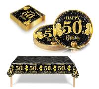 37 Pièces Vaisselle Jetable Anniversaire 50 Ans Deco Table Anniversaire Noir Or,50 Ans Assiette en Carton Jetable Plastique Nappe Serviette pour Homme Fille Femme Decoration d’Anniversaire(16 invité)