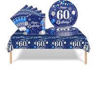 37 Pièces Vaisselle Jetable Anniversaire 60 Ans Deco Table Anniversaire Bleu argent,60 Ans Assiette en Carton Jetable Plastique Nappe Serviette pour Homme Femme Decoration d’Anniversaire(16 invité)
