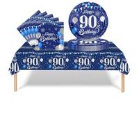 37 Pièces Vaisselle Jetable Anniversaire 90 Ans Deco Table Anniversaire Bleu argent,90 Ans Assiette en Carton Jetable Plastique Nappe Serviette pour Homme Femme Decoration d’Anniversaire(16 invité)