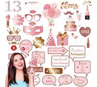 38 pièces Accessoire Photobooth Anniversaire 13 Ans Or Rose,Kit Anniversaire Moustache Lunettes Masque Accessoire Photo,Photo Booth Props pour Fête d'anniversaire Mariage Halloween Disco