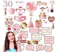 38 pièces Accessoire Photobooth Anniversaire 30 Ans Or Rose,Kit Anniversaire Moustache Lunettes Masque Accessoire Photo,Photo Booth Props pour Fête d'anniversaire Mariage Halloween Disco