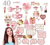 38 pièces Accessoire Photobooth Anniversaire 40 Ans Or Rose,Kit Anniversaire Moustache Lunettes Masque Accessoire Photo,Photo Booth Props pour Fête d'anniversaire Mariage Halloween Disco
