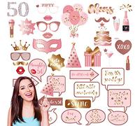 38 pièces Accessoire Photobooth Anniversaire 50 Ans Or Rose,Kit Anniversaire Moustache Lunettes Masque Accessoire Photo,Photo Booth Props pour Fête d'anniversaire Mariage Halloween Disco