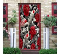 3D Auto-Adhésif Porte Autocollants 73x205 cm Fleurs de Carpes Koï Japonaises Peintures Murales de Porte Amovible Vinyle étanche Coloré pour Chambre Salle De Bain Papier Peint Art Déco