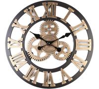 3D Grand Classique Vintage en Bois Silencieux Horloge Murale Rétro Vitesse Pendaison Horloge Chiffre, Bar,d'or,40 * 40cm