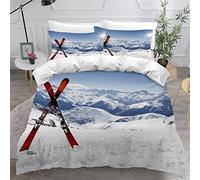 3D Housse de Couette Montagne Enneigée 240x260 Adulte 2Personnes Fermeture Éclair Microfibre Ultra Doux Respirante Hiver Paysage Ski Parure de Lit ado Fille Garcon 2 Taies d'oreiller 50x75
