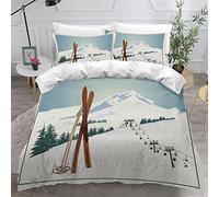 3D Housse de Couette Montagne Enneigée 240x260 Adulte 2Personnes Fermeture Éclair Microfibre Ultra Doux Respirante Hiver Paysage Ski Parure de Lit ado Fille Garcon 2 Taies d'oreiller 50x75