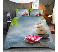 3D Housse de Couette Zen 220x240 Adulte 2Personnes Fermeture Éclair Microfibre Ultra Doux Respirante Nénuphars Galets Bambou Parure de Lit ado Fille Garcon 2 Taies d'oreiller 50x75