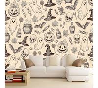 3D Panoramique Mural Beige Marron, Vintage Halloween Papier Peint Intissé | 250 x 175 cm Décoration Fresque Murale pour Salon Chambre, Lanterne citrouille Fantômes Crânes Amovible Papier Peint Poster