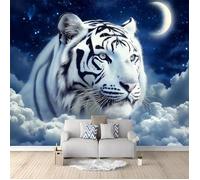 3D Panoramique Papier Peint 300 x 210 cm Papier Peint Intissé Fantaisie Tigre Blanc La Nuit Motif Photo Mural Bleu Foncé