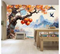 3D Papier Peint Automne Grenadier Montagnes Étang De Lotus Oiseaux En Vol | Soie Texturée Haut de Gamme Idéale Pour le Bureau la Salle à Manger Salon Chambre Canapé et Décoration Murale-400cm×280cm