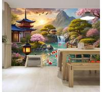 3D Papier Peint Bassin De Carpes Koï Cerisiers En Fleurs Cascade Montagnes | Soie Texturée Haut de Gamme Idéale Pour le Bureau la Salle à Manger Salon Chambre Canapé et Décoration Murale-350cm×256cm
