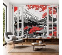 3D Papier Peint Bâtiments Anciens Du Mont Fuji Papier Peint Panoramique Ukiyo-E Japonais XXL Tableaux Muraux Fresque Murale Soie Décoration Murale Pour Salon, Chambre, Bureau, 450x315cm, Gris Foncé