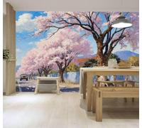 3D Papier Peint Cerisiers En Fleurs Roses Route De Montagne Ciel Bleu | Texture Soyeuse Haut de Gamme Adaptée au Bureau à la Salle Manger au Coin Canapé Chambre Salon et Mur Derrière TV-150cm×105cm