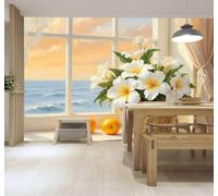 3D Papier Peint Corbeille De Fleurs Océan Fenêtre Oranges Fraîches Paysage | Soie Texturée Haut de Gamme Idéale Pour le Bureau la Salle à Manger Salon Chambre Canapé et Décoration Murale-400cm×280cm