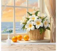 3D Papier Peint Corbeille De Fleurs Océan Fenêtre Oranges Fraîches Paysage | Texture Soyeuse Haut de Gamme Adaptée au Bureau à la Salle Manger au Coin Canapé Chambre Salon et Mur Derrière TV-150cm×105cm