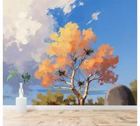 3D Papier Peint Dessin À La Main Arbres D'Automne Feuilles Dorées Ciel Bleu | Tissu en Soie Véritable à la Texture Raffinée Adapté au Salon Chambre Bureau Salle Manger et Mur Derrière le TV-430cm×300cm