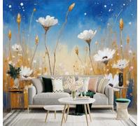 3D Papier Peint Dessin À La Main Champ De Fleurs Blanches Ciel Bleu Prairie | Tissu en Soie Véritable à la Texture Raffinée Adapté au Salon Chambre Bureau Salle Manger et Mur Derrière le TV-150cm×105cm