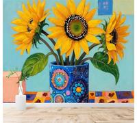 3D Papier Peint Dessin À La Main Créatif Vase Bleu Tournesol Jaune Art | Tissu en Soie Véritable à la Texture Raffinée Adapté au Salon Chambre Bureau Salle Manger et Mur Derrière le TV-250cm×170cm
