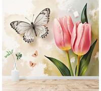 3D Papier Peint Élégant Tulipes Roses Papillons En Noir Et Blanc Fond Doux | Texture Soyeuse Haut de Gamme Adaptée au Bureau à la Salle Manger au Coin Canapé Chambre Salon et Mur Derrière TV-430cm×300cm