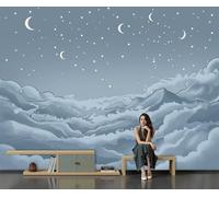3D Papier Peint Gris Beige Doux Montagnes De Nuages Minimalistes Croissant De Lune 200X140Cm Papier Peint Panoramique Mural Affiche Décoration Pour Salon Chambre Chambre D'Enfant Décoration Murale