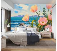 3D Papier Peint La Mer Des Fleurs Roses Des Vagues Un Ciel Bleu Un Paysage | Tissu en Soie Véritable à la Texture Raffinée Adapté au Salon Chambre Bureau Salle Manger et Mur Derrière le TV-200cm×140cm