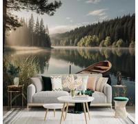 3D Papier Peint Lac Bateau En Bois Forêt Brume Matinale Paysage Naturel | Soie Texturée Haut de Gamme Idéale Pour le Bureau la Salle à Manger Salon Chambre Canapé et Décoration Murale-400cm×280cm